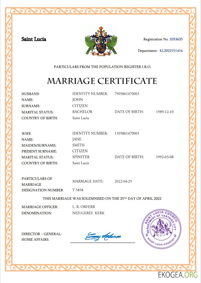 Modèle Word et PDF d'acte de mariage à Sainte Lucie